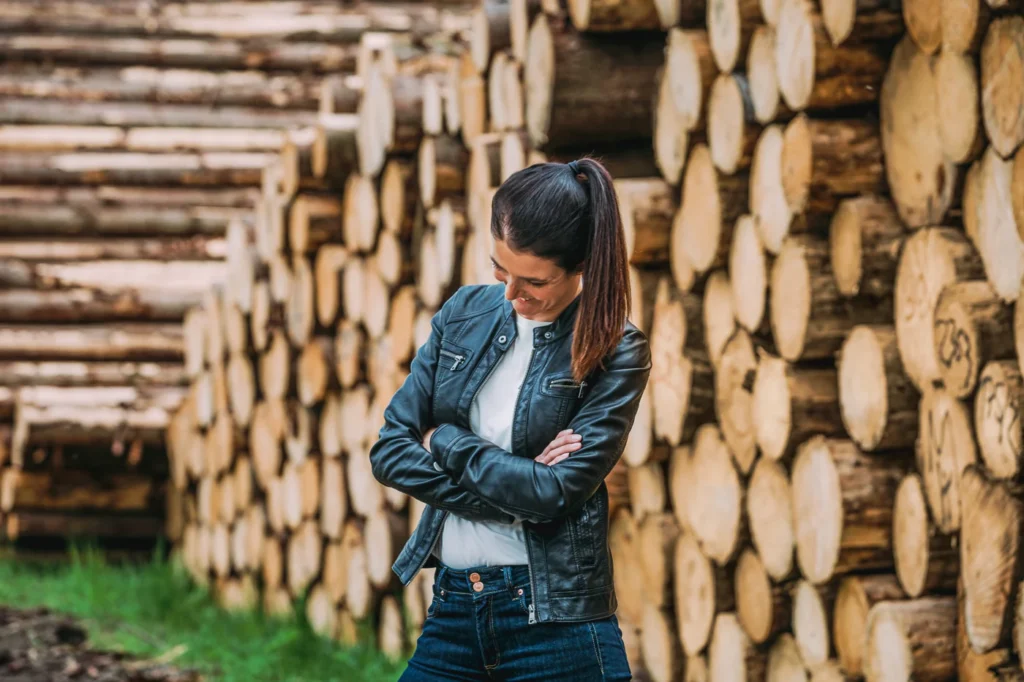 Nina Siebinger vor einem Holzstapel auf dem Betrieb